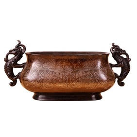 Chinese Copper Inlay Silver Wires Double Ear Fortune Beast Incense Burner