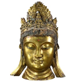 Vintage Chinese Gilt Gold Copper Buddha Head Statue
