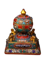 Tibetan Buddhism Gilt Gold Copper Inlay DZI Agate & Turquoise & Lapis Lazuli Statue