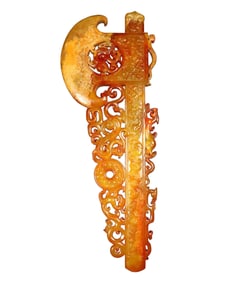 Vintage Chinese Hetian Jade Carved Dragon Phoenix Axe Statue