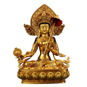 Tibetan Gilt Gold Copper Inlay Gems Buddha Statue
