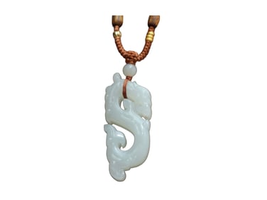 Chinese Hetian Jade Carved Fortune Dragon Pendant w Hand Woven Wood Bead Necklace
