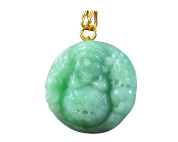 Exquisite Jadeite Carved Fortune Taoism Deity Pendant w Hand Woven Beads Necklace