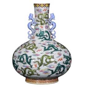 Chinese Qing Dynasty Gilt Edge Famille Rose Fortune Dragon Design Porcelain Vase