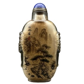 Old Chinese Peking Glass Inside Painting Mountain River Scene Design Snuff Bottle w Stopper