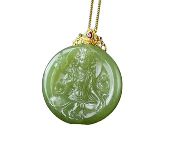 Chinese Green Hetian Jade Carved Tara Pendant