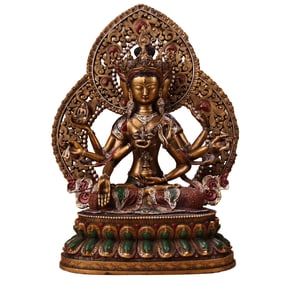 Tibetan Colored Drawing Gilt Gold Copper Eight Arm Kwan-yin Statue