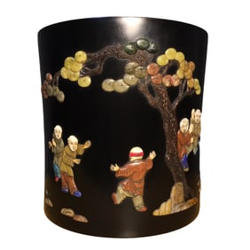 Chinese Zitan Wood Inlay Shoushan Stone & Shell & Lapis Lazuli & Turquoise Urchin Design Brush Pot