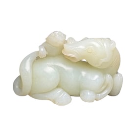 Chinese Hetian Jade Carved Horse & Monkey Statue