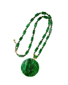 Exquisite Green Jadeite Carved Flowers Pendant w Hand Woven Beads Necklace