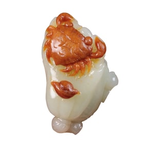 Chinese Hetian Jade Carved Fortune Crab Statue w Certificate