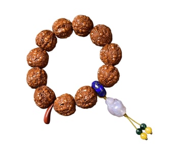Hand Woven Walnut Carved Gourd & Lapis Lazuli Beads Bracelet