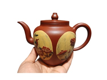 Chinese Yixing Zisha Clay Flowers Bird Design Teapot w Artist Signed
