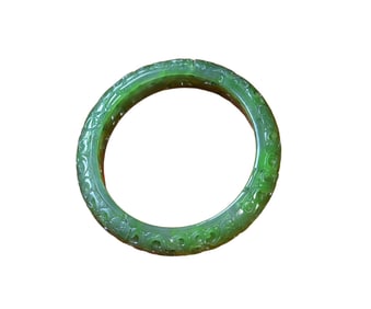 Inside Diameter 53mm Chinese Green Hetian Jade Carved Flowers Bracelet