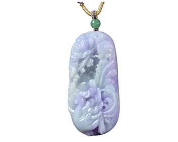 Exquisite Purple Jadeite Carved Phoenix & Peony Pendant w Hand Woven Beads Necklace