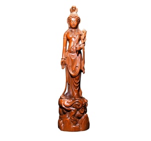 Vintage Chinese Boxwood Wood Carved Kwan-yin Statue
