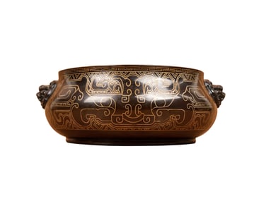 Chinese Copper Inlay Silver Wires Double Ears Fortune Lion Incense Burner