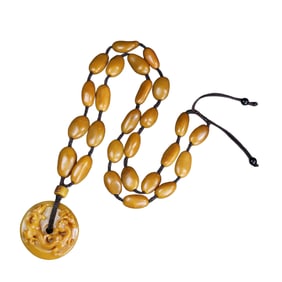 Chinese Tianhuang Stone Carved Chi Dragon Pendant w Hand Woven Beads Necklace