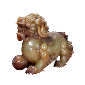 Vintage Chinese Hetian Jade Carved Fortune Lion Statue