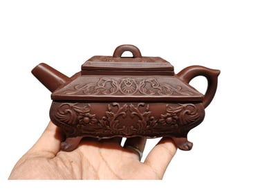 Chinese Yixing Zisha Clay Low Relief Flowers Design Teapot w Artist Signed