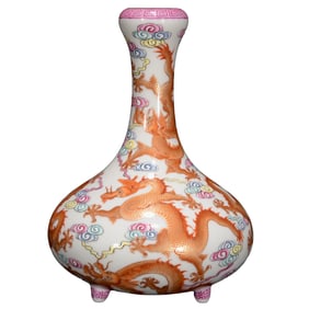 Chinese Qing Dynasty Gilt Gold Iron Red Glaze Fortune Dragon Design Porcelain Vase