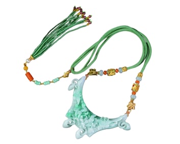 Exquisite Jadeite Carved Peony & Butterfly Pendant w Hand Woven Beads Necklace