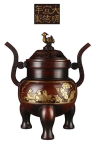 Chinese Gilt Gold Copper 3 Leg Double Ear Incense Burner