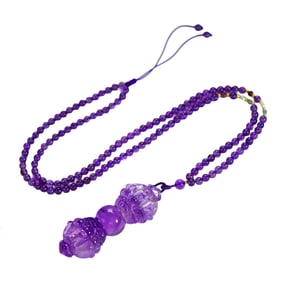 Beautiful Purple Crystal Carved Pestle Xiangmo Pendant w Hand Woven Necklace