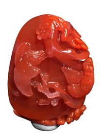 Chinese Nanhong Agate Carved Plum Flower & Magpie Pendant