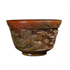 Vintage Ox Horn Carved Phoenix Wine Cup