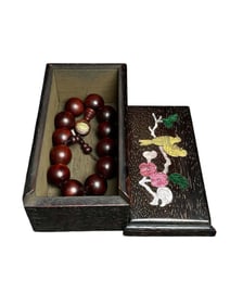 Chinese Zitan Wood Beads Bracelet w Huali Wood Inlay Shell Box
