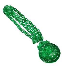 Openwork Green Jade Carved Gourd Pendant w Necklace
