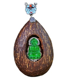 Vintage Chinese Chenxiang Wood Inlay Jadeite Carved Kwan-yin Pendant