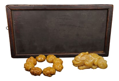 Chinese Tianhuang Stone Carved Fortune Pixiu Beads Bracelet w Unicorn Statue