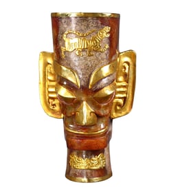 Vintage Chinese Gilt Gold Hetian Jade Carved Face Figure Statue