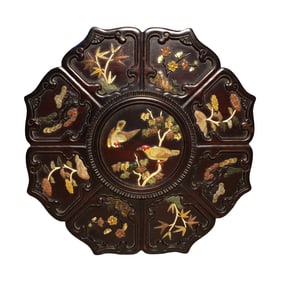 Chinese Zitan Wood Inlay Shoushan Stone & Shell Flowers Bird Design Jewellery Box