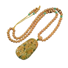 Superb Jadeite Carved Mountain River Scene Pendant w Hand Woven Beads Necklace