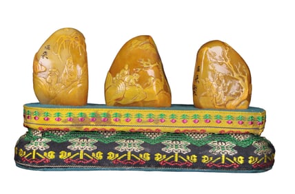 A Set Three Superb Chinese Tianhuang Stone Low Relief Sages Meeting Seals