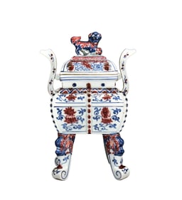 Chinese Underglaze Red + Blue And White Porcelain Fortune Lion Design Porcelain Incense Burner