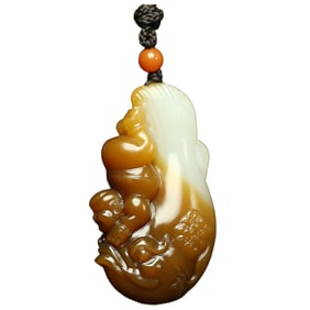 Superb Chinese Hetian Jade Carved Urchin & Fish Pendant