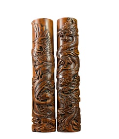 A Pair Vintage Chinese Huali Wood Low Relief Dragon Phoenix Paperweight