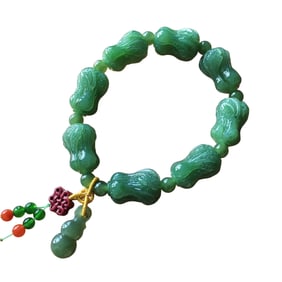 Chinese Green Hetian Jade Carved Fortune Cabbage Beads Bracelet