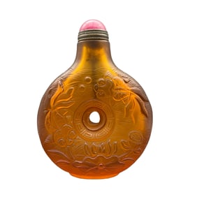 Old Chinese Peking Glass Low Relief Lotus Leaf & Lotus Flower Design Snuff Bottle w Stopper