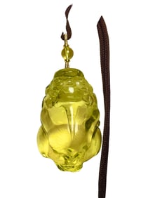 Exquisite Yellow Crystal Carved Fortune Pixiu Pendant w Hand Woven Necklace