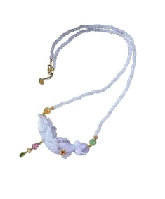 Exquisite Purple Jadeite Carved Goldfish Pendant w Hand Woven Beads Necklace