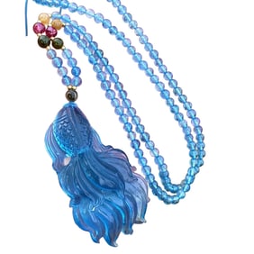 Beautiful Aquamarine Carved Goldfish Pendant w Beads Necklace