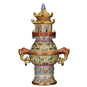 Chinese Qing Dynasty Gilt Gold Famille Rose Enamel Fortune Beast Double Ear Porcelain Incense Burner