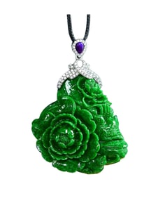 Exquisite 925 Silver Inlay Green Jadeite Carved Flower Bird Pendant