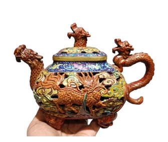Antique Chinese Famille Rose Enamel Yixing Zisha Fortune Dragon Teapot
