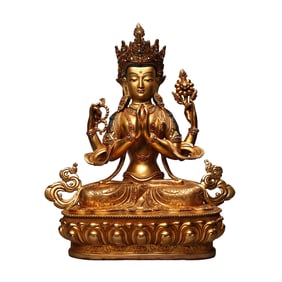 Tibetan Gilt Gold Copper Inlay Gems Four Arm Kwan-yin Statue
